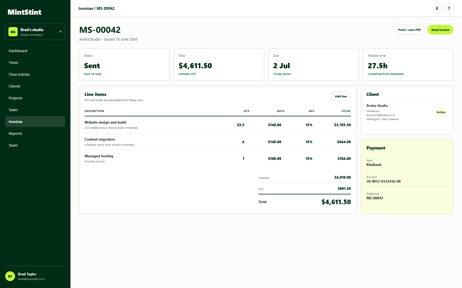 MintStint invoice workspace showing GST totals and payment details